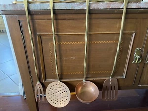 Vintage Copper Laddle Spoon Dipper , Fork  & Spatula  Brass Handles & Rack - Picture 1 of 13