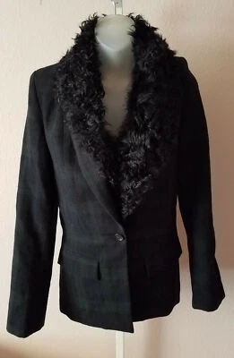 Size 8 A.L.C Black Wool Plaid Blazer Jacket Detachable Lambs Fur Collar - Image 1 of 4