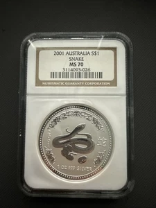 2001 Australia $1 Snake MS70 NGC 1 oz .999 Silver Lunar Coin - Picture 1 of 2