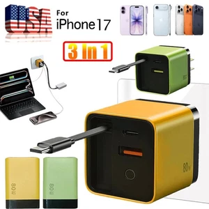 Caricabatteria 3 in 1 GaN 80w Max Modulo Caricatore Rapido per iPhone 17 tutte le serie - Foto 1 di 16