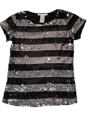 Camiseta elástica Alice Olivia Lentejuelas Top Mujer XS Manga Corta Negra Plateada Rayas Foto 1 de 4