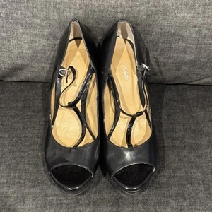 Phase Eight Women’s Black Leather Block Heels Size 5 Open Toe - Picture 1 of 5