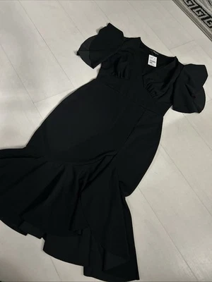 Vestido Midi Quiz Negro Buceo Crepé Cuello en V Volantes Nuevo Trapos Talla 12 Noche Out Foto 1 de 4