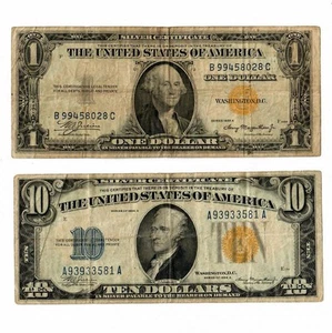 1934-A Yellow Seal $1 $10 WWII North Africa Emergency Issue Silver Certificates - Picture 1 of 2