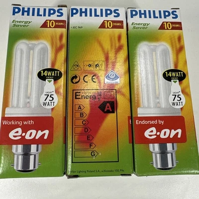 3x Phillips Energy Saving Light Bulb Genie 14W 75W Bayonet Pack 3 Last 10 Years! - Image 1 of 4