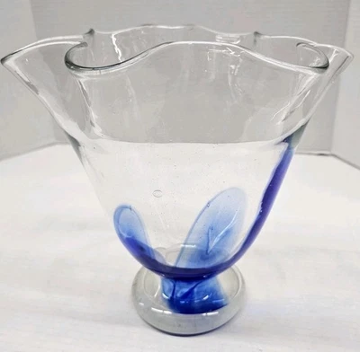 Large Vase Handkerchief Ruffle Hand Blown Glass Lg Vase 8" Signed - Image 1 of 4