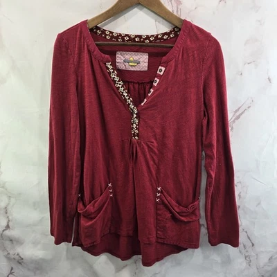 Anthropologie Shirt Womens Medium Red Long Sleeve Notch V Little Floral Pocket - Image 1 of 4