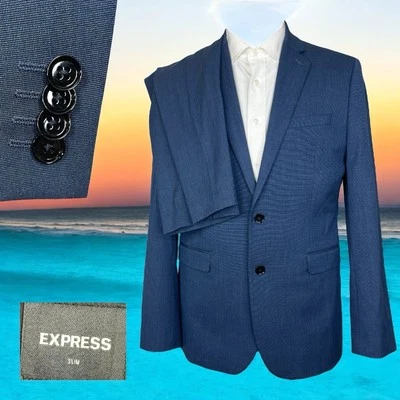 Express 2 Piece Suit Mens 40R 34x28 Slim Blue Solid Polyester Two Buttons - Image 1 of 4