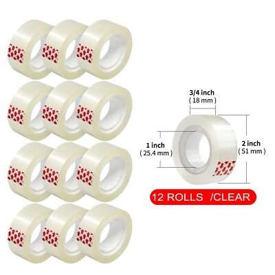 12 Rolls Crystal Clear Transparent Tape Dispenser Refills 3/4" x 1000" Wholesale