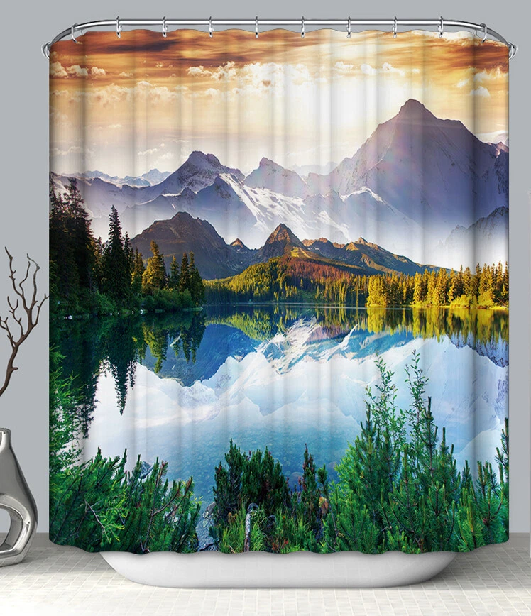 Mountain Lake Sunset Reflection Fabric SHOWER CURTAIN 70x70 w/Hooks Nature - Image 1 of 1