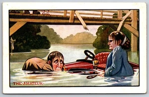 C Ryan Comic~The Amateur Driver~Man & Woman Soaked in River~Car Off Bridge~1910 - Picture 1 of 2