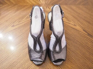 New ANTONIO MELANI Pewter/Black Leather Jeweled High Heel Slingback Shoes Sz 9.5 - Picture 1 of 4