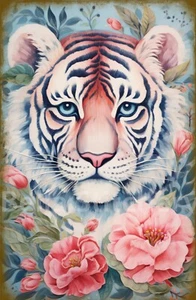 Handmade Floral Tiger Fine Art 7x10 Quilting or Craft Cotton Fabric Block - Picture 1 of 1