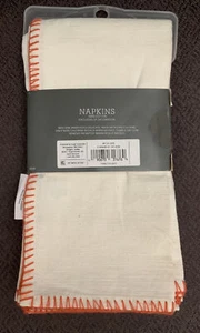 NEW White Cotton Table Napkins Cream With Orange Stitch Edge Pack of 4 - Picture 1 of 4
