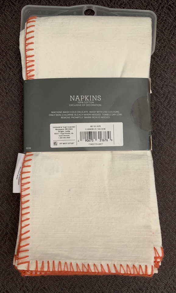 NEW White Cotton Table Napkins Cream With Orange Stitch Edge Pack of 4 - Image 1 of 4