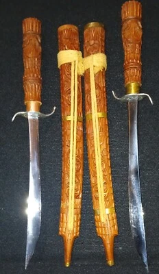 Two Ceramonial Vietnamese Hand Carved Teak Dha Sword Hand Forged Signed Blades  - Image 1 of 4