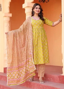 Indische Bollywood Damen traditionelle ✨ V-Ausschnitt lange Baumwolle Kurta mit Hose & Dupatta - Bild 1 von 10