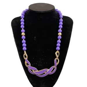 Vintage Purple Gold Beaded Necklace Bib Statement 1980's Retro 18 Inch - Picture 1 of 7