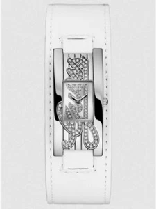 NEW GUESS SILVER,WHITE LEATHER BAND CUFF,INGRAVED CRYSTALS LOGO WATCH U95171L6 - Picture 1 of 3