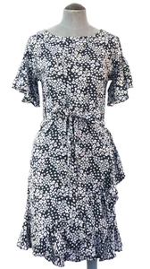 HM Dress Wrap Ruffle Patterned Flounced Dark Blue White Floral Knee Length UK 4 - Picture 1 of 14