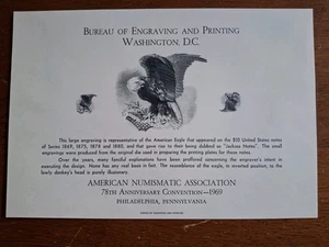 B2 ANA '69 BEP Souvenir Card Vignette from $10 US "Jackass" Note Eagle $65.00 CV - Picture 1 of 2