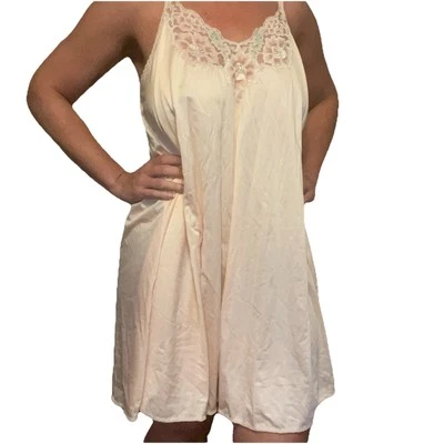 Vintage Shadowline Peach Nightgown Floral Detail Midi Sz M Nylon Lace USA Made - Image 1 of 4