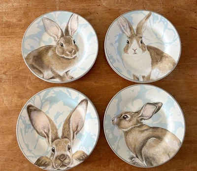 Набор из 4 салатных десертных тарелок Williams Sonoma Damask Blue Easter Bunny 8 дюймов неиспользованные - Изображение 1 из 4