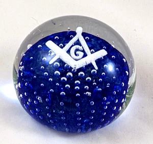 John Gentile Glass Paperweight Blue Control Bubble Masonic Compass & Square Frit - Picture 1 of 8