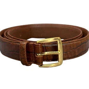 Vintage Brown Reptile Print Italian Leather Brass Buckle Dress Belt Men  34" - Picture 1 of 9