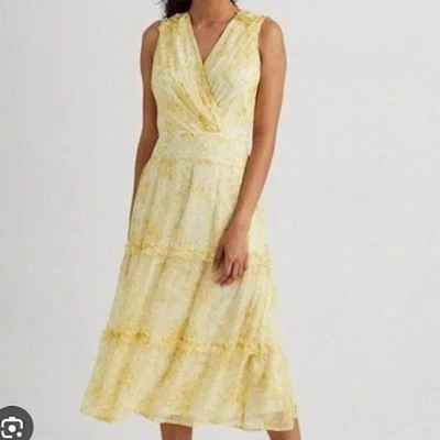Lauren Ralph Lauren Yellow Floral Georgette Midi Dress - Size 4P - Image 1 of 4