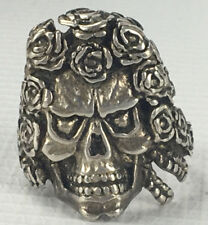 Vintage 1987 G&S Men's Heavy Silver Metal Skull Rose Biker Ring 