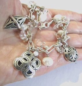 Pearl Crystal Charm Dangle Bracelet 925 sterling silver up to 8.75 inches - Picture 1 of 7