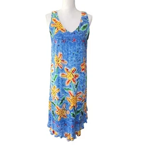 Jams World Kiyoshi Sunflower Dress Size Large Blue Yellow Floral Hawaiian Rayon - Picture 1 of 10