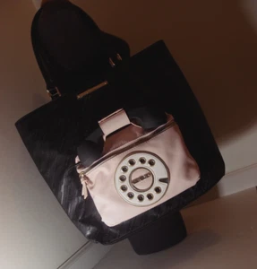 Betsey Johnson Telephone Tote- Black & Pink-Gold Hardware-Floral Inteior- Retro - Picture 1 of 10