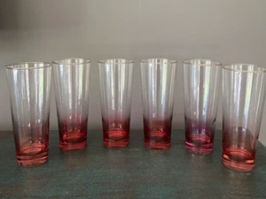 JUEGO MODERNO DE MEDIADOS DE SIGLO de 6 VIDRIOS HIGHBALL ARÁNDANO IRIDISCENTE con adorno dorado - Imagen 1 de 10