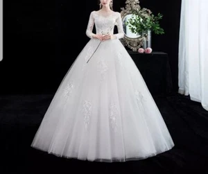UK White ivory Long Sleeve A Line Floor Length Cheap Wedding Dresses Size 6-24 - Picture 1 of 6
