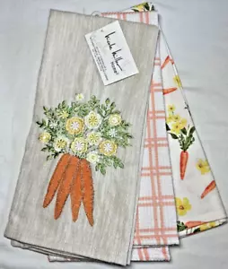 NICOLE MILLER HOME KITCHEN TOWELS (3) CARROTS PLAID FLOWERS 20 X 28 COTTON NWT - Picture 1 of 4