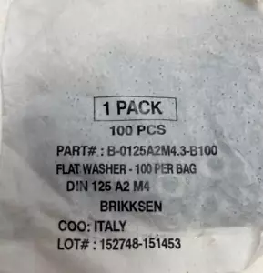 BRIKKSEN B-0125A2M4.3-B100 M4.3 Stainless Steel FLAT WASHER , DIN 125 A2 M4 - Picture 1 of 2