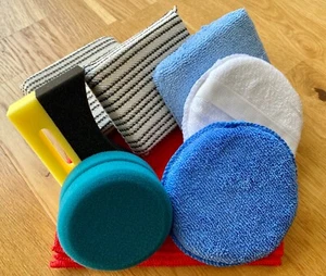 8 PIECE CAR VALETING KIT 1X PLUSH MICROFIBRE 5X APPLICATOR PADS 2X TYRE SPONGES - Picture 1 of 7