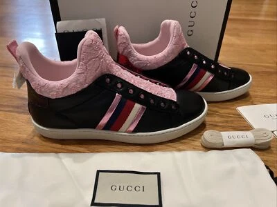 NUEVO EN CAJA Mujer Gucci Miro Zapatillas Suaves 5 EUR 35 Rosa/Negro/Web Cuero 481149 Nuevo Foto 1 de 4