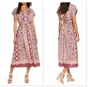 Gal Meets Glam Collection Liza Print Charmeuse Midi Dress Wine Taupe 8 - Picture 1 of 9