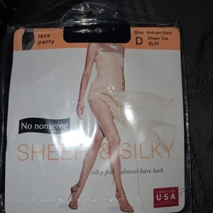 No Nonsense Sheer & Silky Pantyhose Size D Lace Panty Midnight Black Sheer Toe - Picture 1 of 4