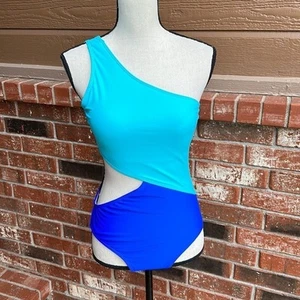 One Shoulder Blue Colorblock Women's Small Cutout Monokini One Piece Swimsuit - Picture 1 of 5