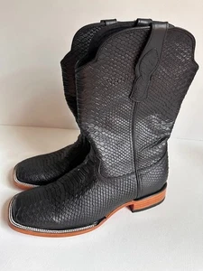 Handcrafted Black Python Print Cowboy Boots Size 12 US / 30 MEX Leather Sole - Picture 1 of 6