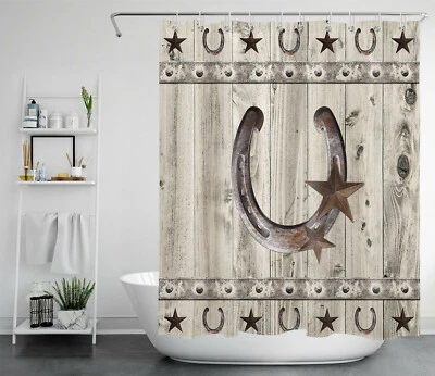 Cortina de Ducha Gris Rústica Granero Occidental Estrella Herradura Baño Decoración Foto 1 de 4