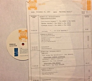 RADIO SHOW:11/25/87 BIRTHDAYS: BOB GAUDIO, JIMI HENDRIX,GORDON LIGHTFOOT,RASCALS - Picture 1 of 2