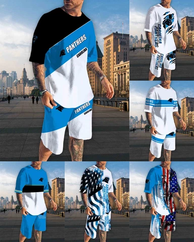 Carolina Panthers Men's Tracksuit Summer Casual Tops Gym Running Board Shorts Cover