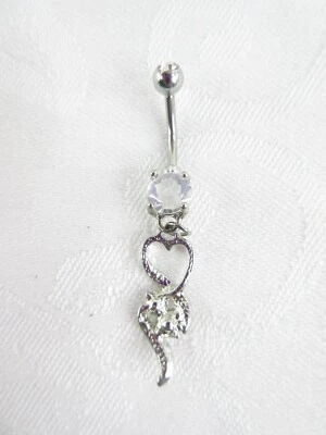 Rhinestone Heart Belly Button Ring Dangle Drop Tassel Blue Crystal Clear Glam - Image 1 of 4