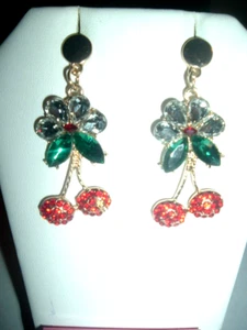 Flowers Dangling RED Pave CRYSTAL CHERRIES Betsey Johnson Pierced Earrings-NWT - Picture 1 of 4