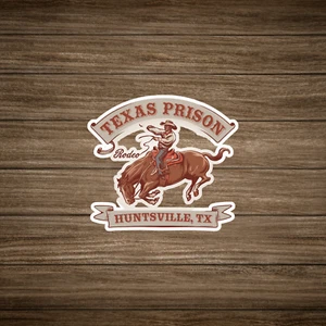 Pegatina estilo vintage Texas Prison Rodeo Huntsville TX - Vaquero en Bucking Bull - Imagen 1 de 1